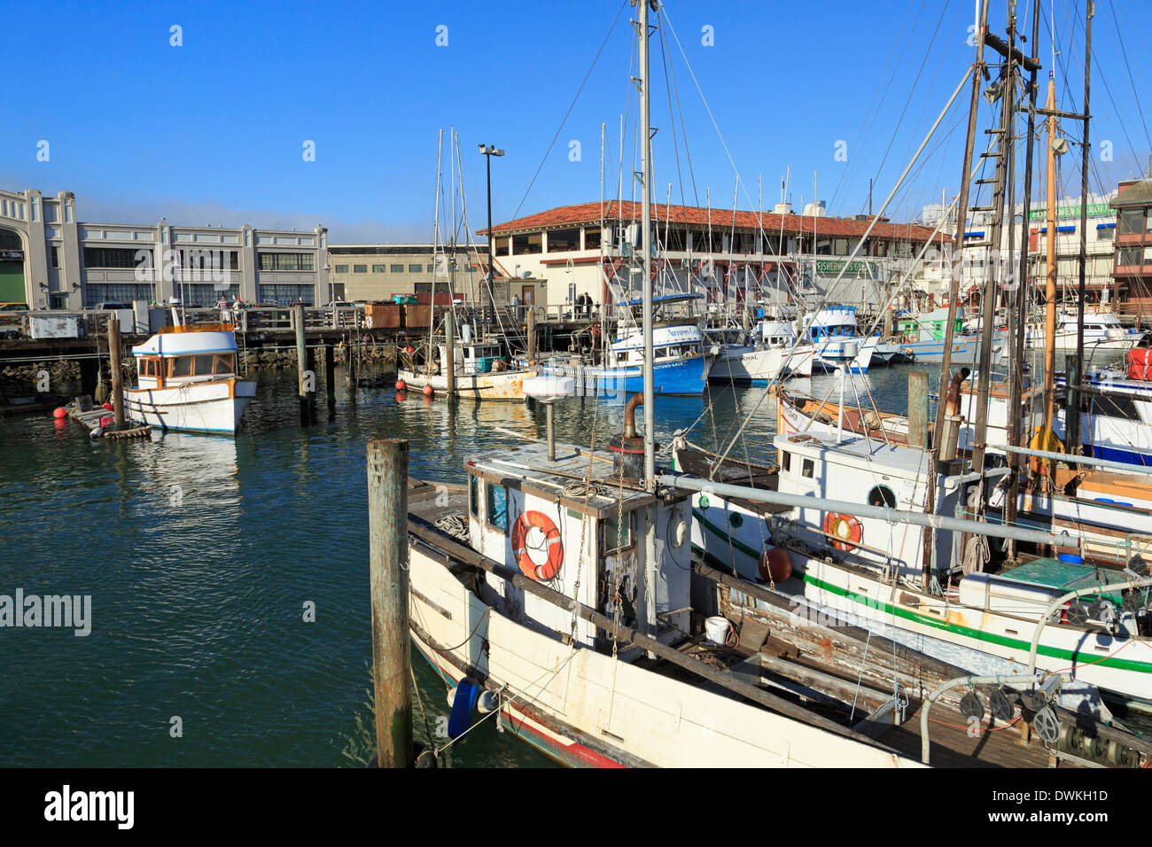 Commercial fishing boats at Fisherman's Wharf, San Francisco, California, United States of America, North America Stock Photo
