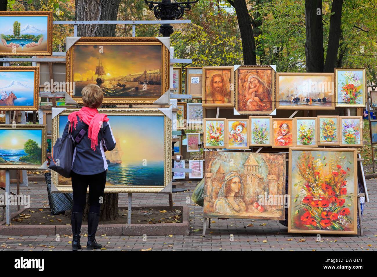 Paintings for sale in Preobrazhensky Cathedral Park, Odessa, Crimea, Ukraine, Europe Stock Photo