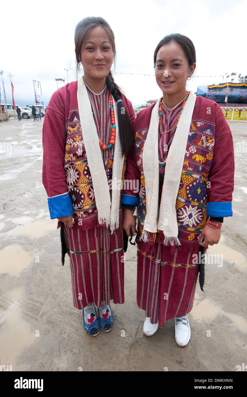 Sisters wearing Momba tribal dress, Tawang, Arunachal Pradesh, India, Asia Stock Photo