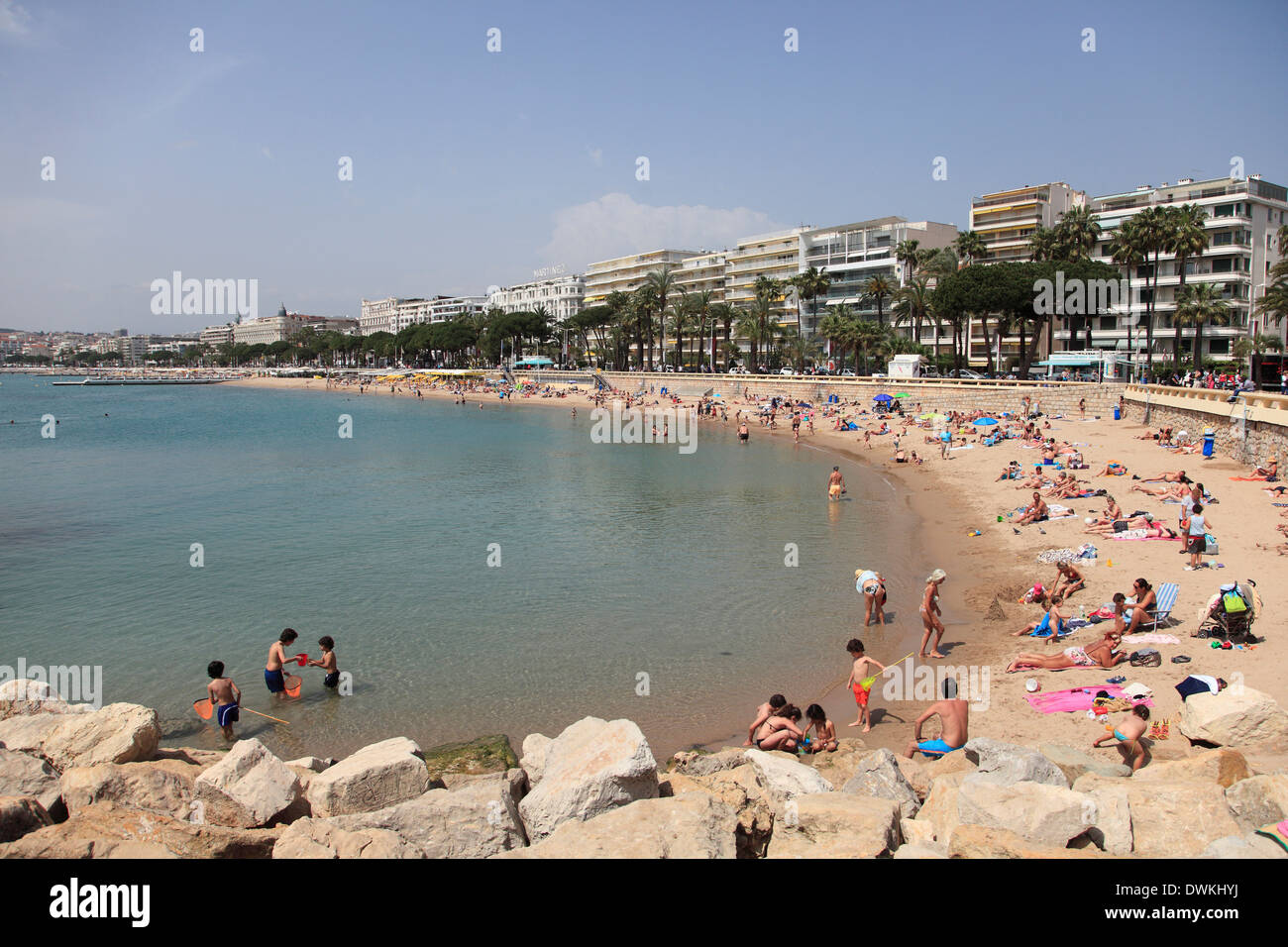 Public Beach, La Croisette, Cannes, Cote d'Azur, Alpes Maritimes, Provence, French Riviera, France, Mediterranean, Europe Stock Photo