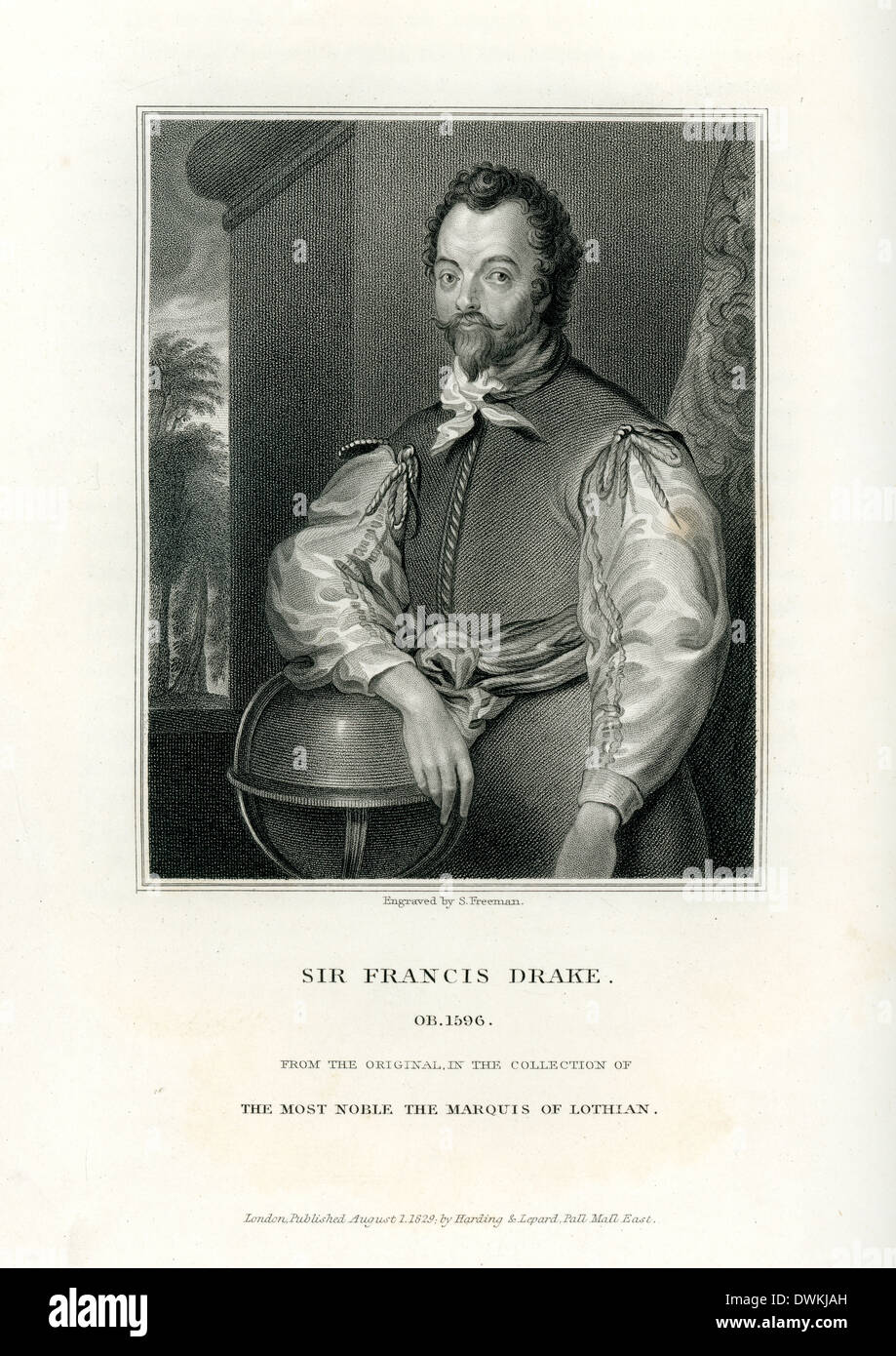 Portrait of Sir Francis Drake an English sea captain, privateer, navigator, slaver, and politician of the Elizabethan era. Stock Photo