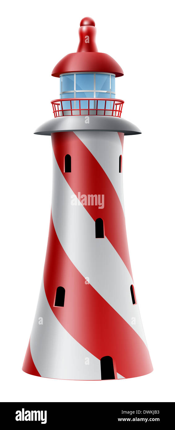 Illustration of a red and white lighthouse with diagonal stripes Stock Photo