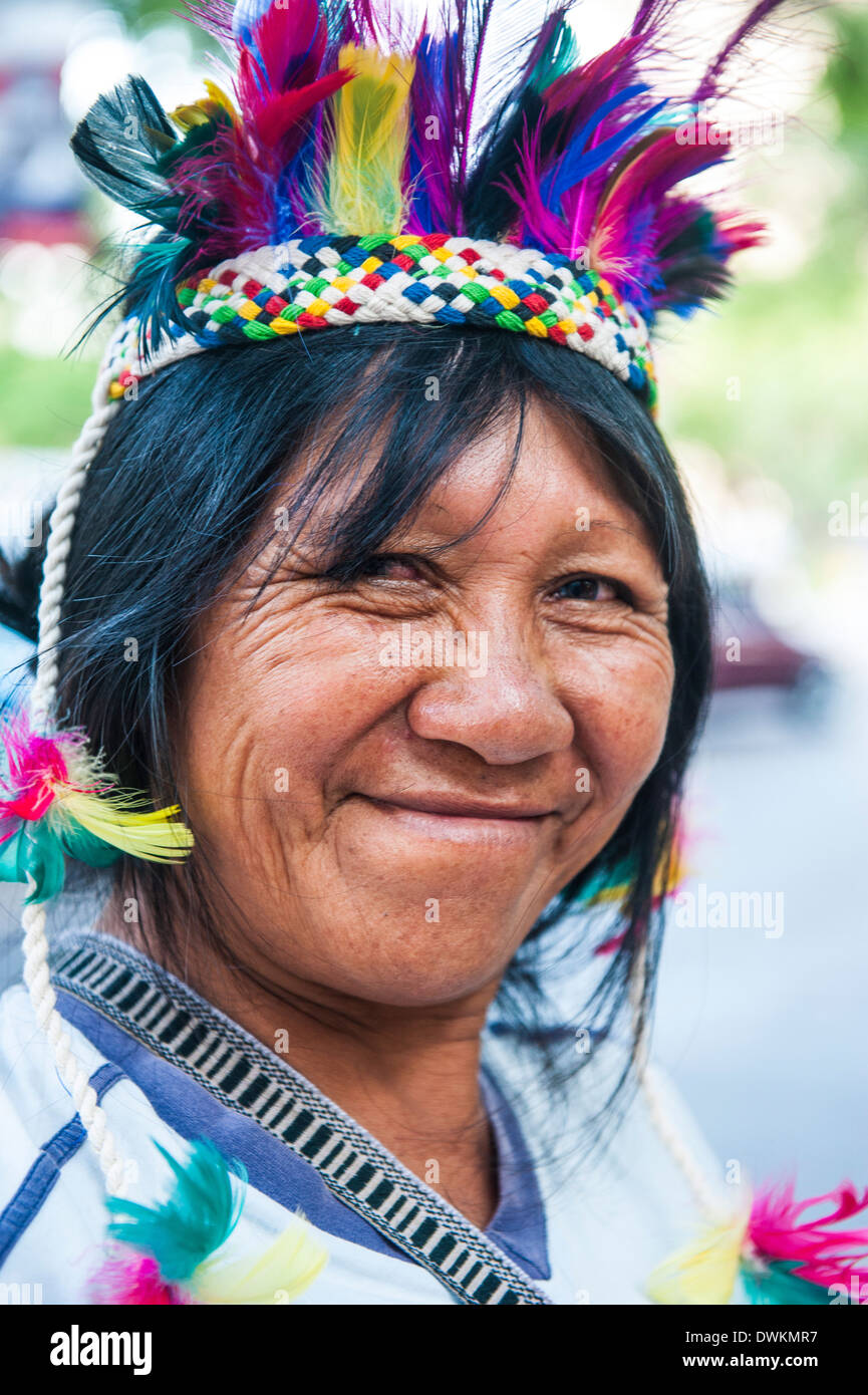 Traditional dressed Indian woman, Asuncion, Paraguay, South America Stock Photo