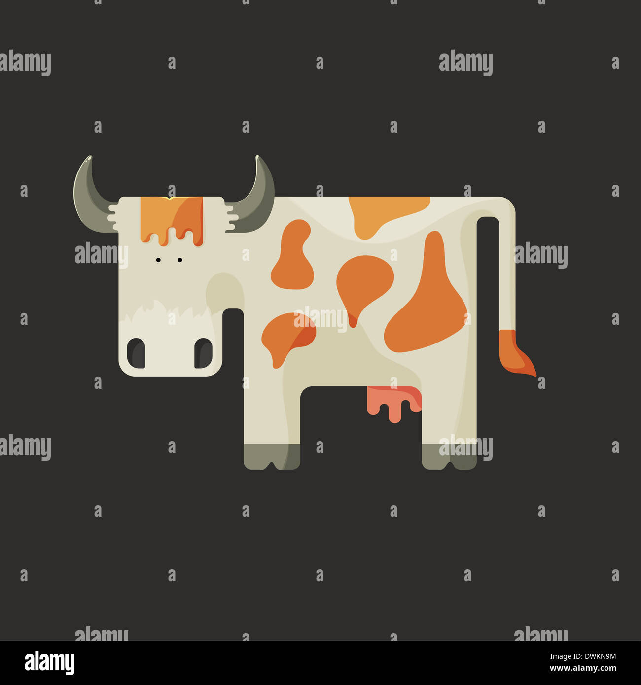 Cute white cartoon cow with horns and red spots Stock Photo