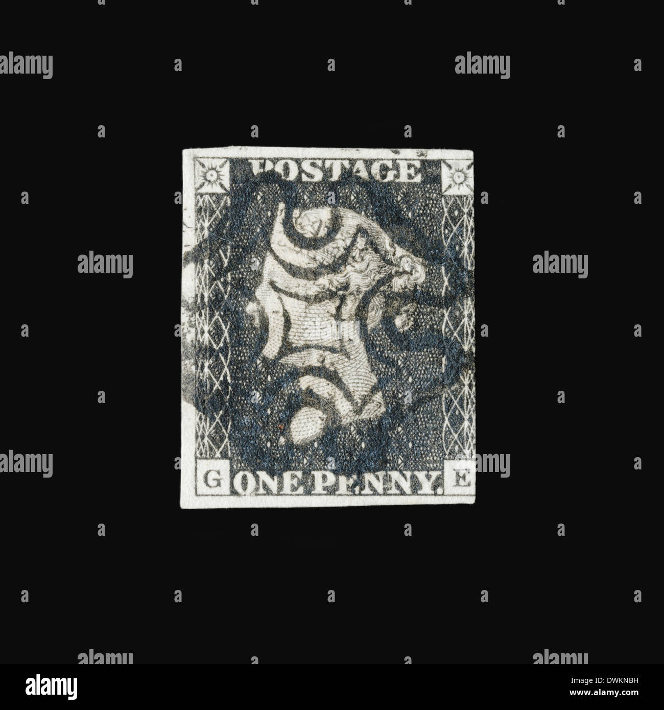 The first postage stamp, Penny Black, one pence Victorian UK postage