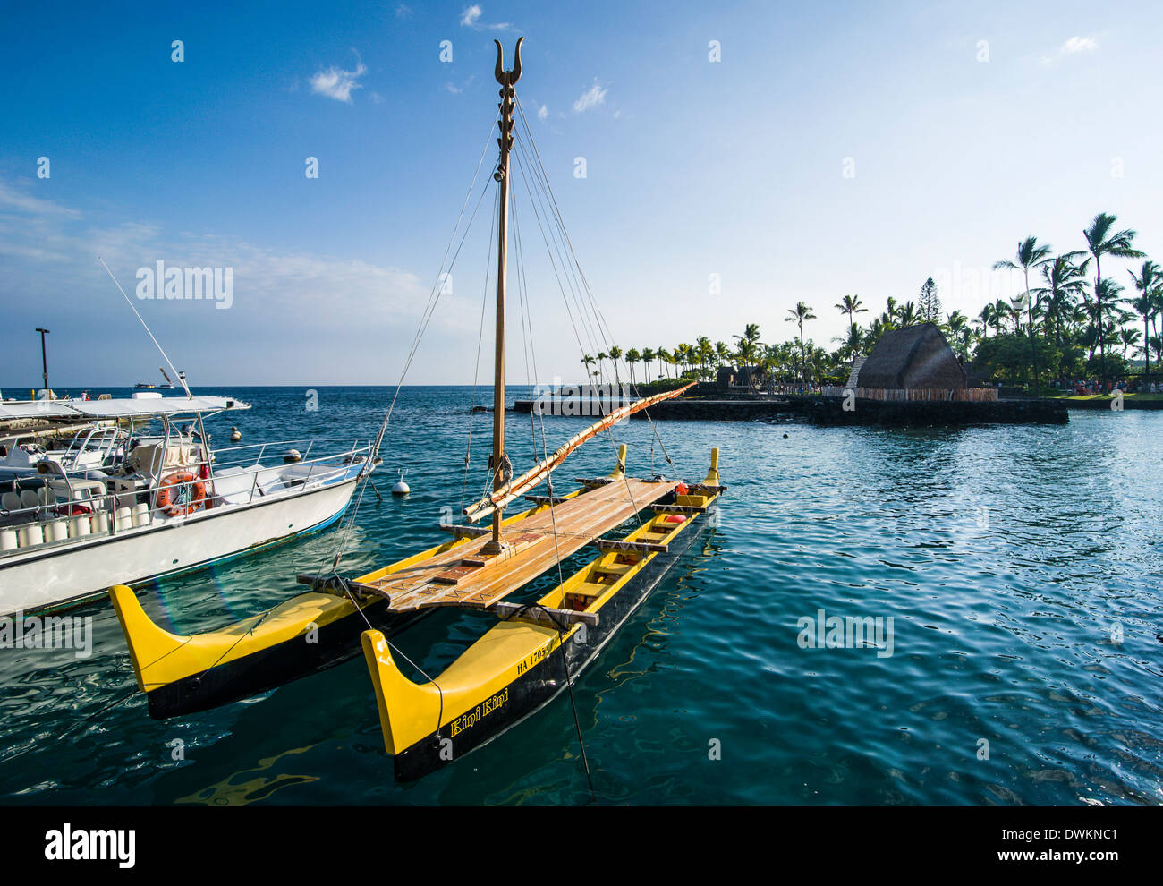 Traditional outrigger boat before the Ahuena Helau, Kailua-Kona, Big Island, Hawaii, United States of America, Pacific Stock Photo