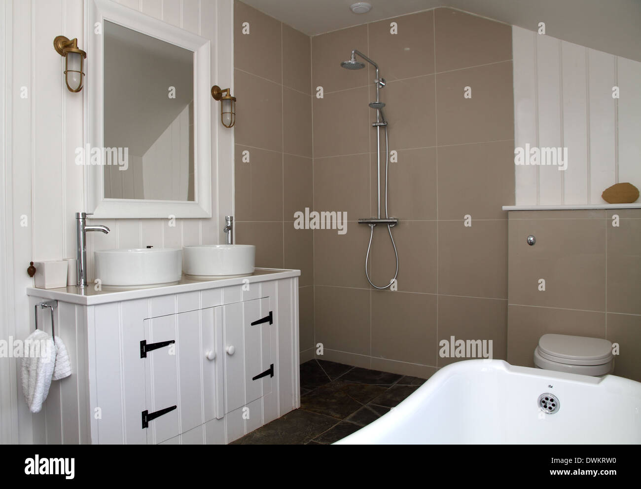 Victorian style bathroom, predominately white. Stock Photo