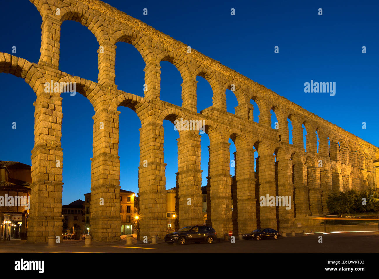 The Roman Aqueduct in the city of Segovia in the Castilla-y-Leon region of central Spain. Stock Photo