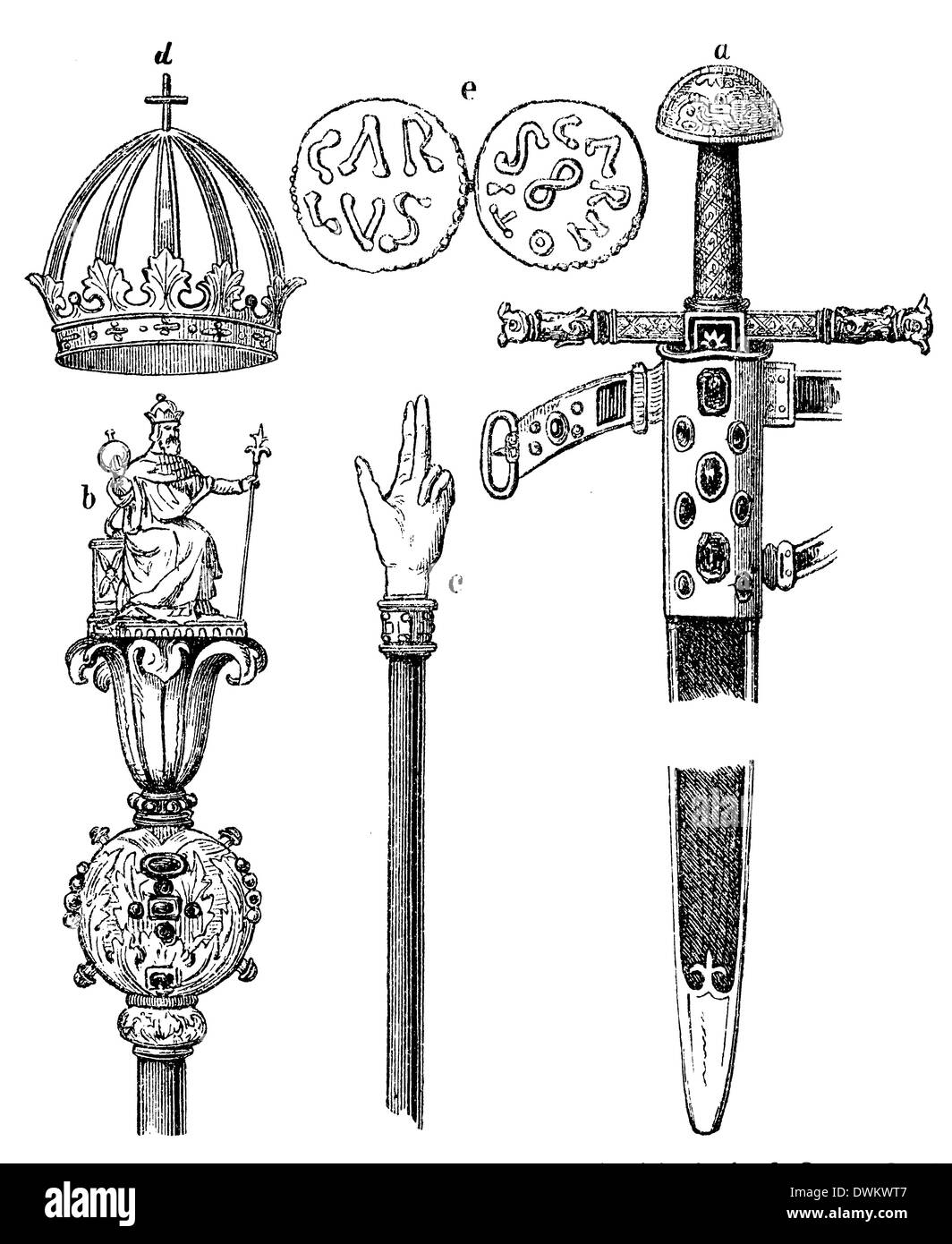 Schwert (a), Zepter (b), Gerichtsstab (c) und Krone (d) Karls des Großen sowie Münzen (e) aus der Zeit Karls des Großen Stock Photo
