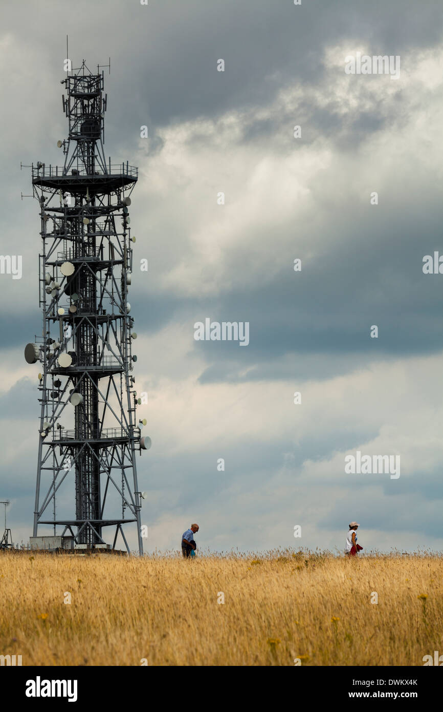 Radio mast on the top of Butser Hill in the South Downs. Stock Photo
