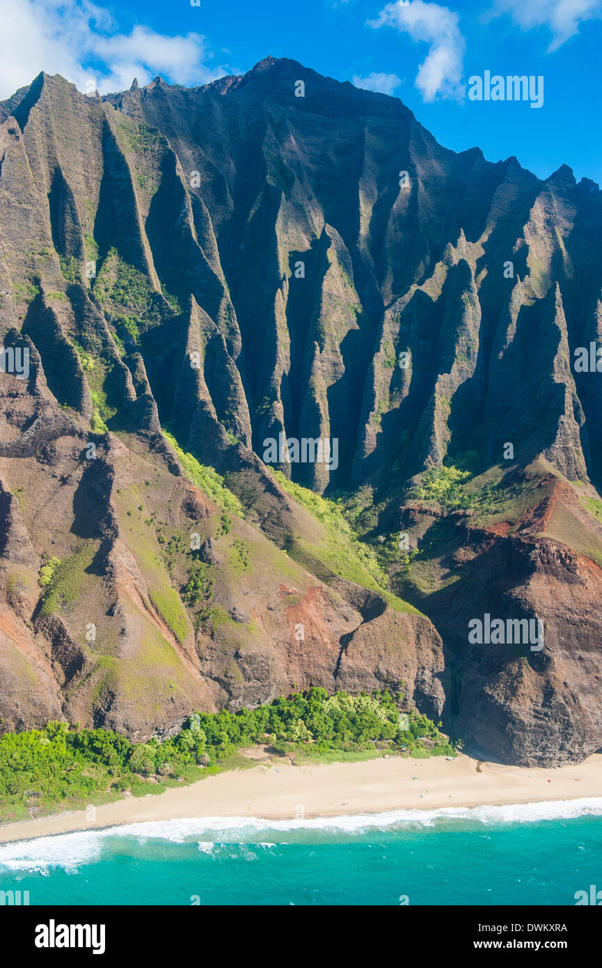 Aerial of the rugged Napali coast, Kauai, Hawaii, United States of America, Pacific Stock Photo