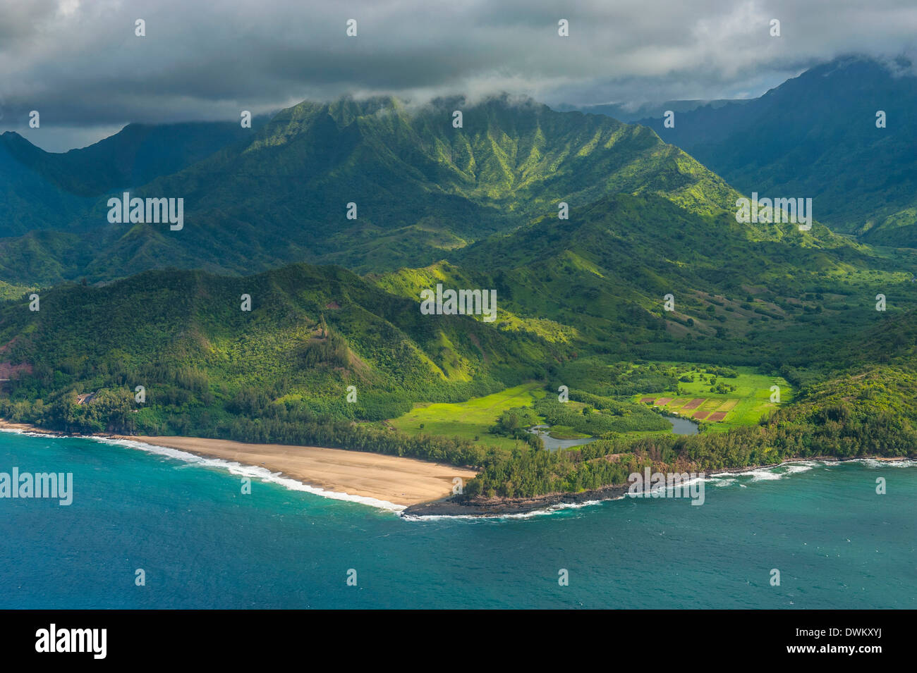 Aerial of the north shore of the island of Kauai, Hawaii, United States of America, Pacific Stock Photo