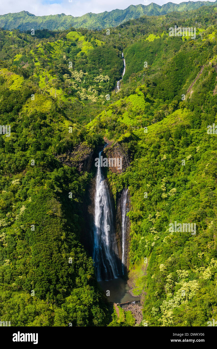 Aerial of a waterfall in the interior of Kauai, Hawaii, United States of America, Pacific Stock Photo