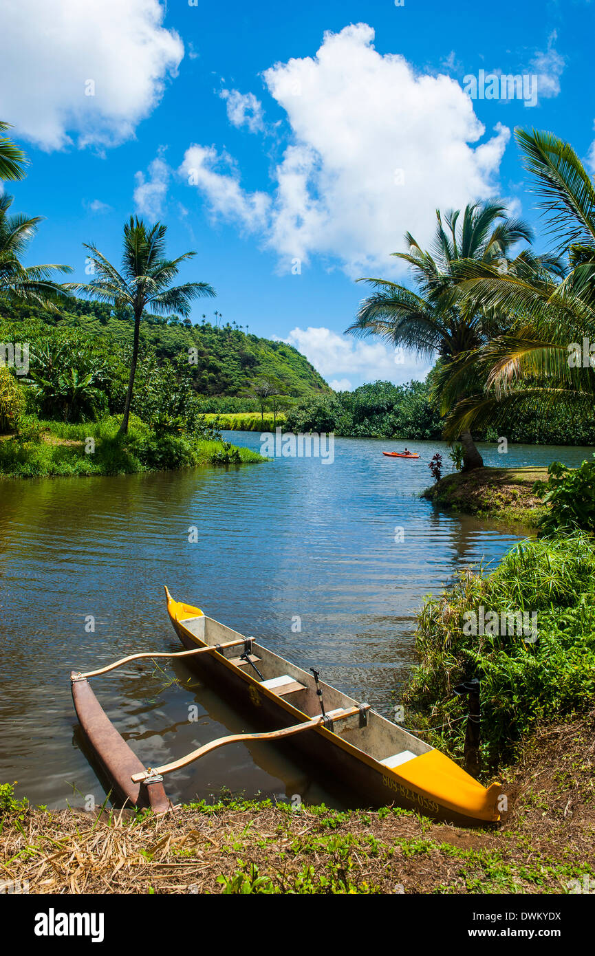 Dugout canoe on the Wailua River. Kauai, Hawaii, United States of America, Pacific Stock Photo