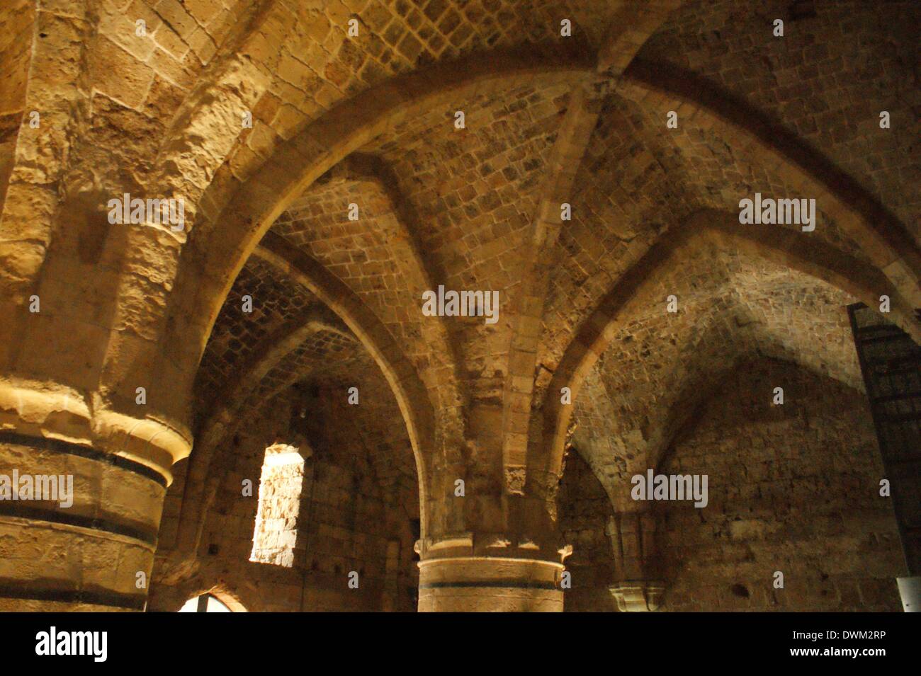 The castle of the crusaders, a foundation of the Knights Hospitaliers, represents an important historical monment. Overwhelming: the cross-vaults - April 2013. Stock Photo