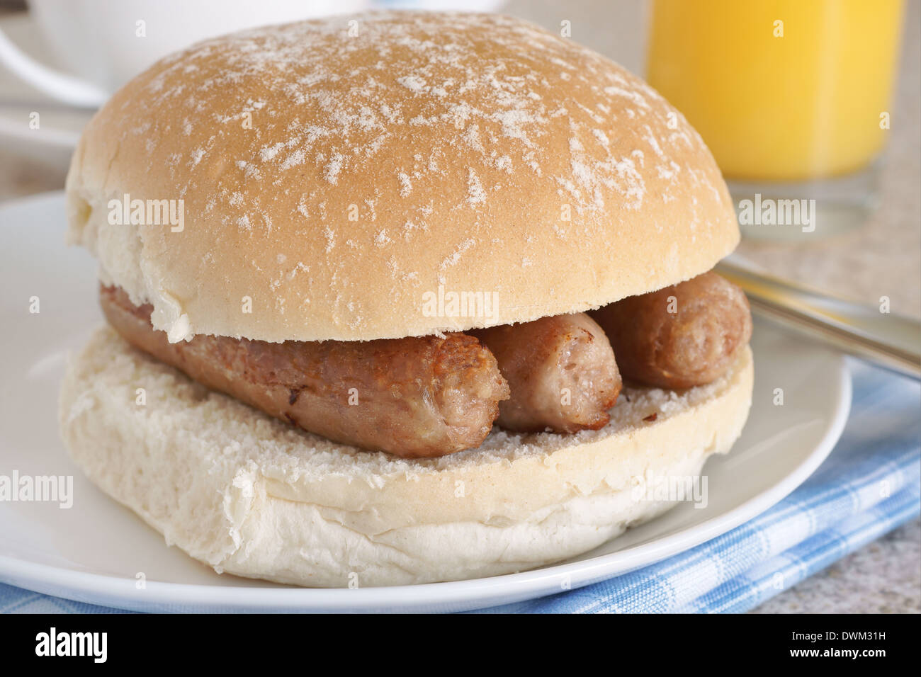 Sausage sandwich or sausage bap a favourite British snack Stock Photo