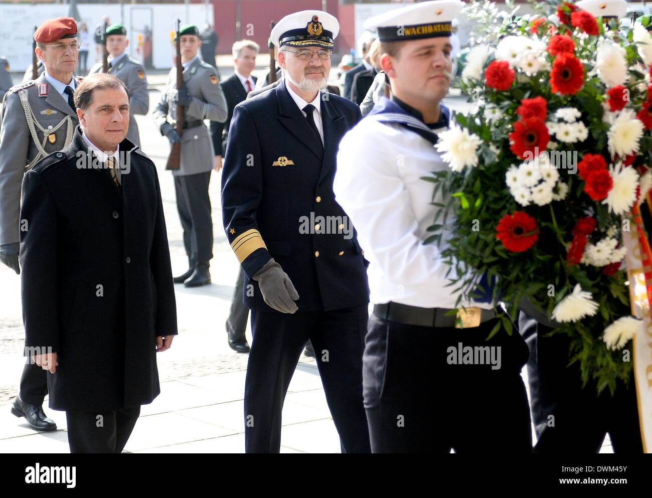 Maltese President George Abela (L) and Admiral Heinrich Lange arrive at the Central Memorial of the Federal Republic of Germany for the Victims of War and Dictatorship to lays down a wreath in the Neue Wache (New Guardhouse) in Berlin, Germany, 11 March 2014. Photo: BRITTA PEDERSEN/dpa Stock Photo