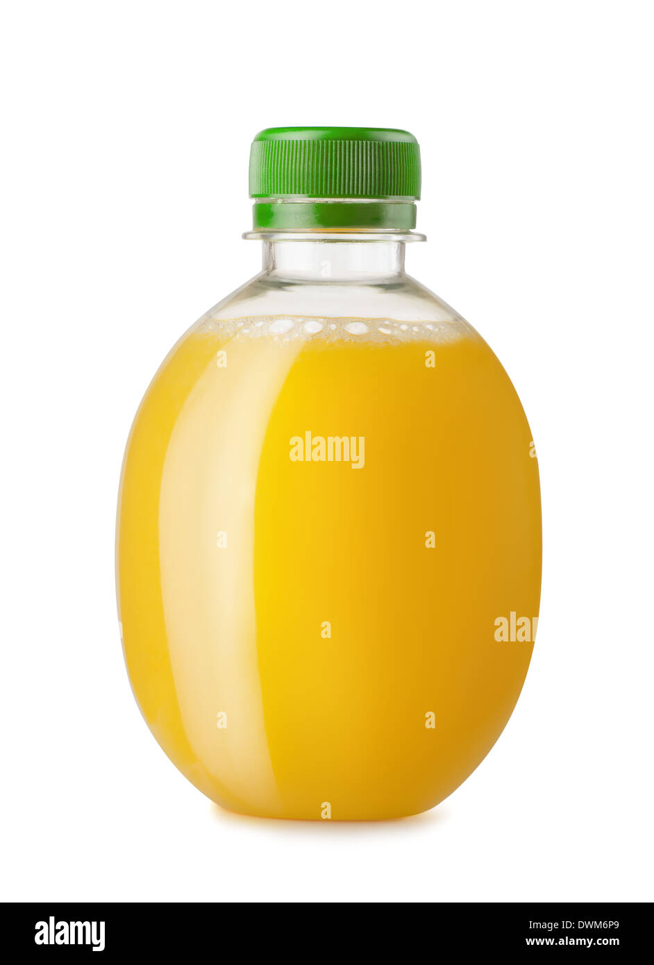 Round bottle of orange juice isolated on white Stock Photo
