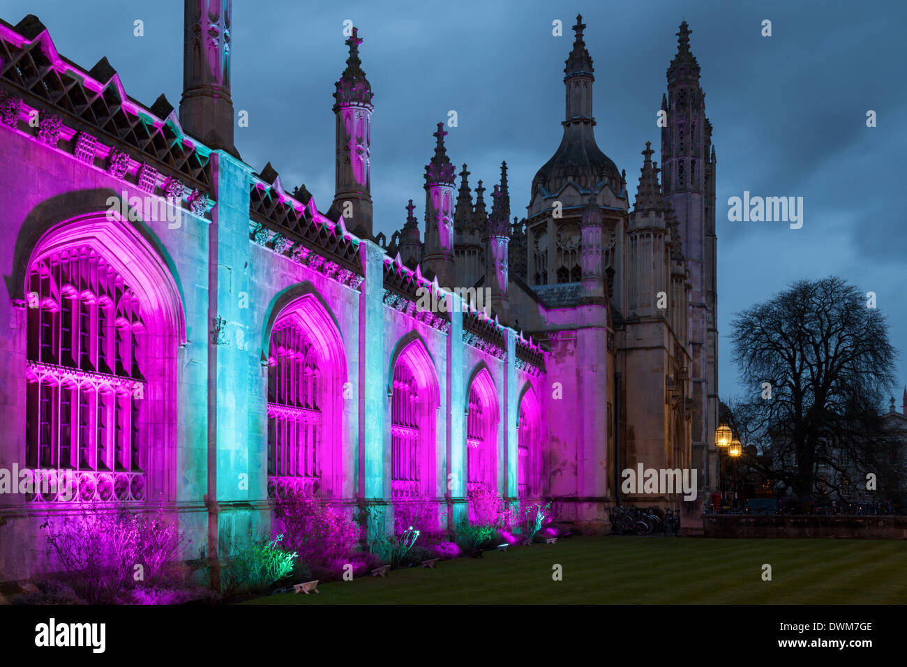 Kings College illuminated with colourful flood lights e-Luminate Festival, Cambridge, UK Stock Photo