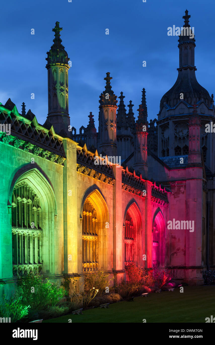 Rainbow colours on Kings College screen, e-Luminate Festival, Cambridge, UK Stock Photo