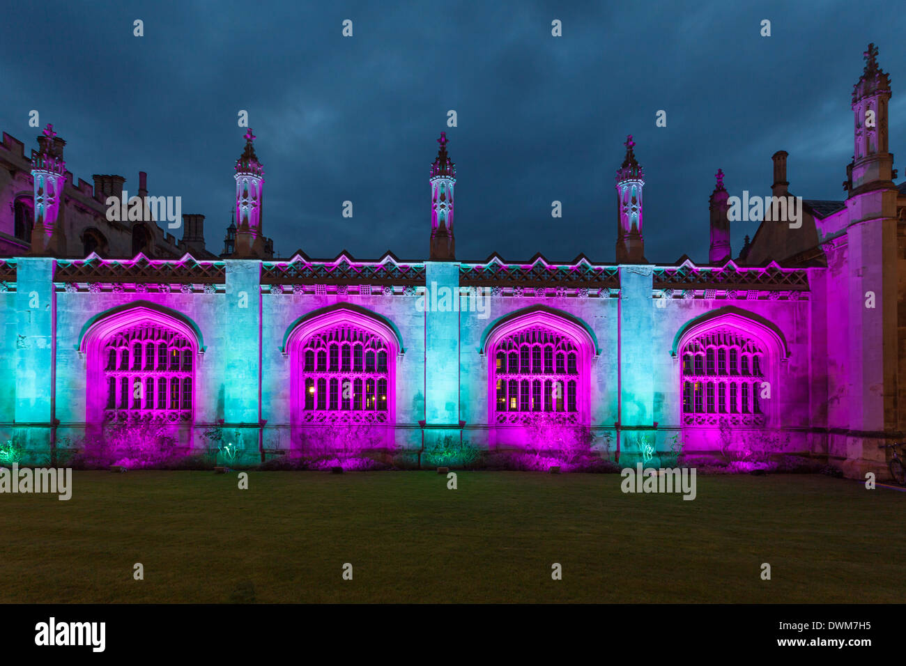 Kings College screen illuminated in purple and turquoise  by the e-Luminate Festival, Cambridge, UK Stock Photo