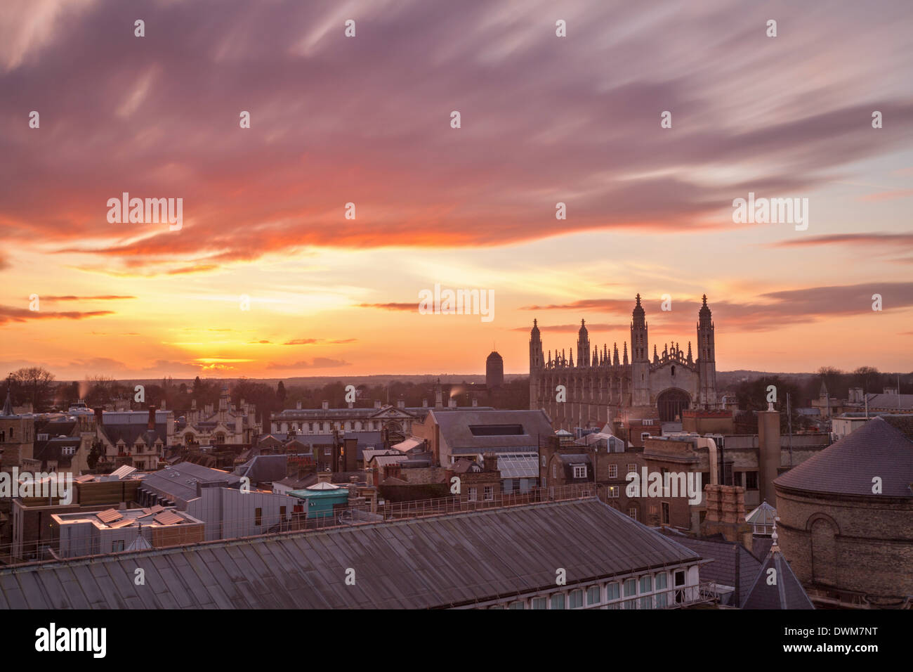 Cambridge City centre sunset over the rooftops in the town. Stock Photo