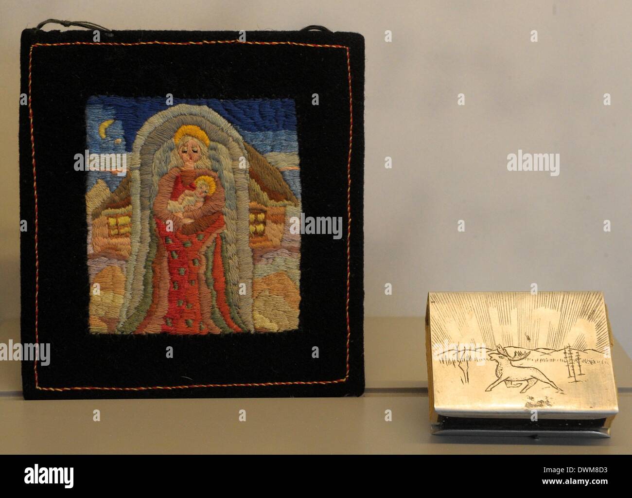 An original self-made holy picture (L) and a self-made matchbox-shell (R) which were produced and used by Soviet prisoners are on display at the exhibition 'Gulag. Traces and evidences' at the Forum of Contemporary History Leipzig in Leipzig, Germany, 11 March 2014. The exhibition focuses on the history of the system of criminal and forced labor camps in the former Soviet Union and runs from 12 March until 29 June 2014. Photo: PETER ENDIG/dpa Stock Photo
