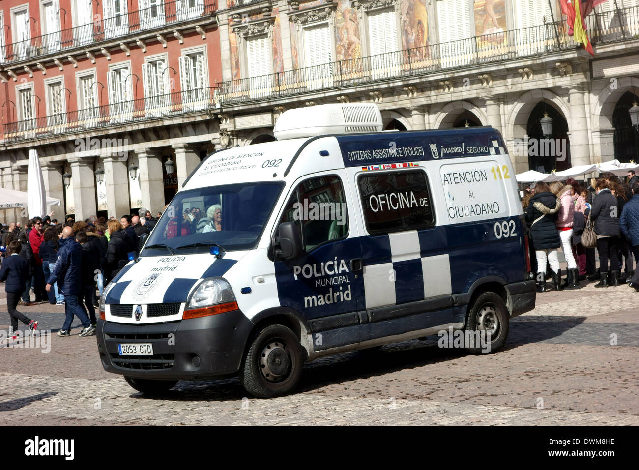 Municipal Police citizens' assistance van parked in Plaza Mayor, Madrid, Spain Stock Photo