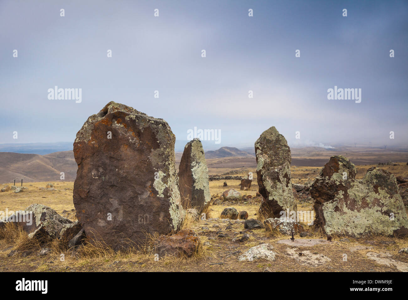 Ancient tombs, Zorats Karer (Karahundj) (Carahunge) (speaking stones), Sisian, Armenia, Central Asia, Asia Stock Photo