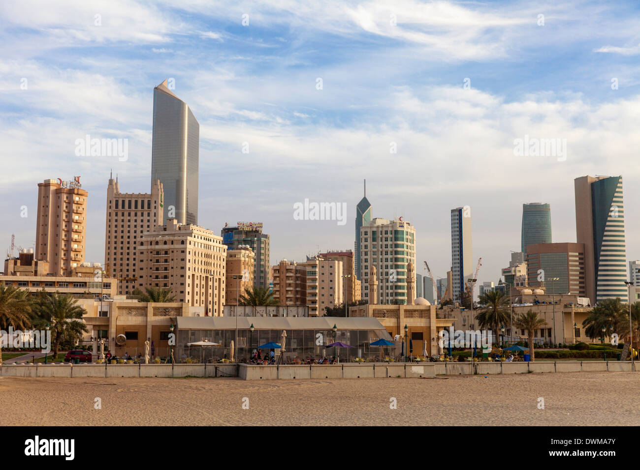 Looking towards city center buildings from a beach on Arabian Gulf Street, Sharq, Kuwait City, Kuwait, Middle East Stock Photo