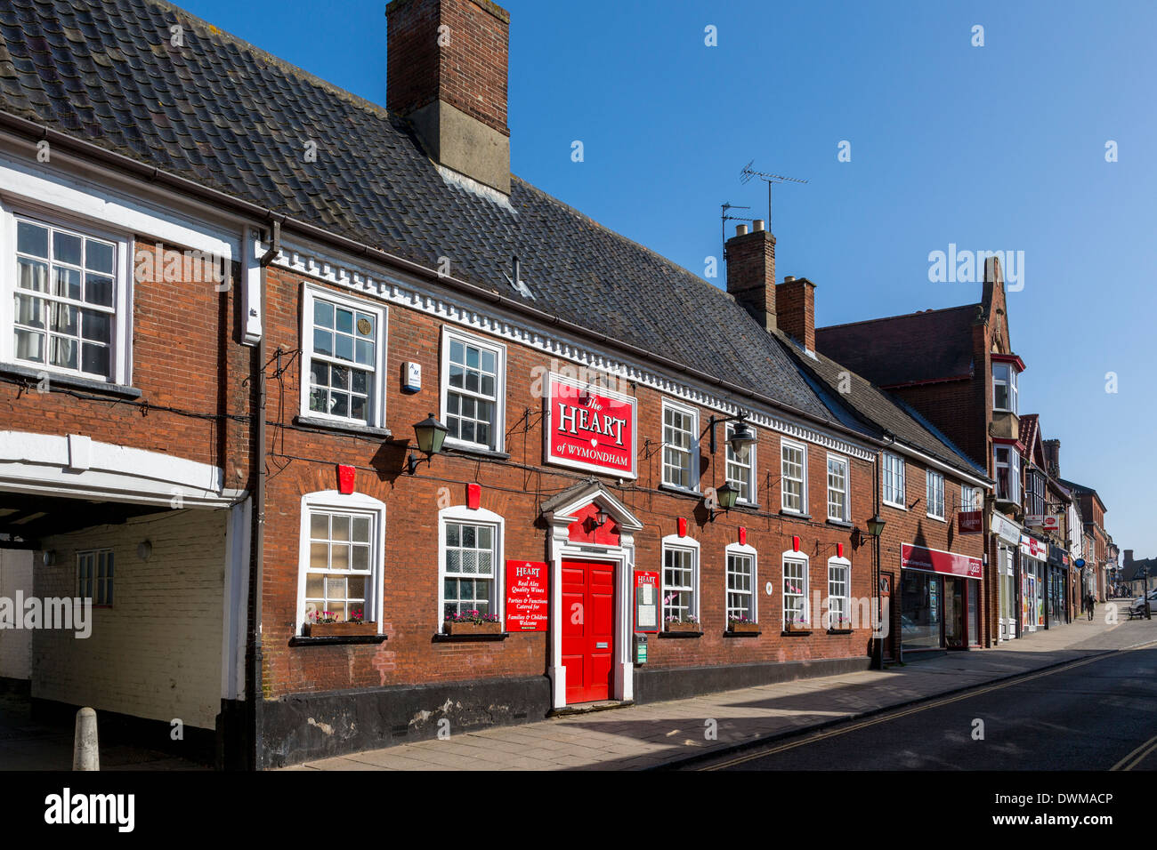 18thC coaching inn, The Heart public house on Market Street, Wymondham, Norfolk, UK. Formally The White Hart. Stock Photo