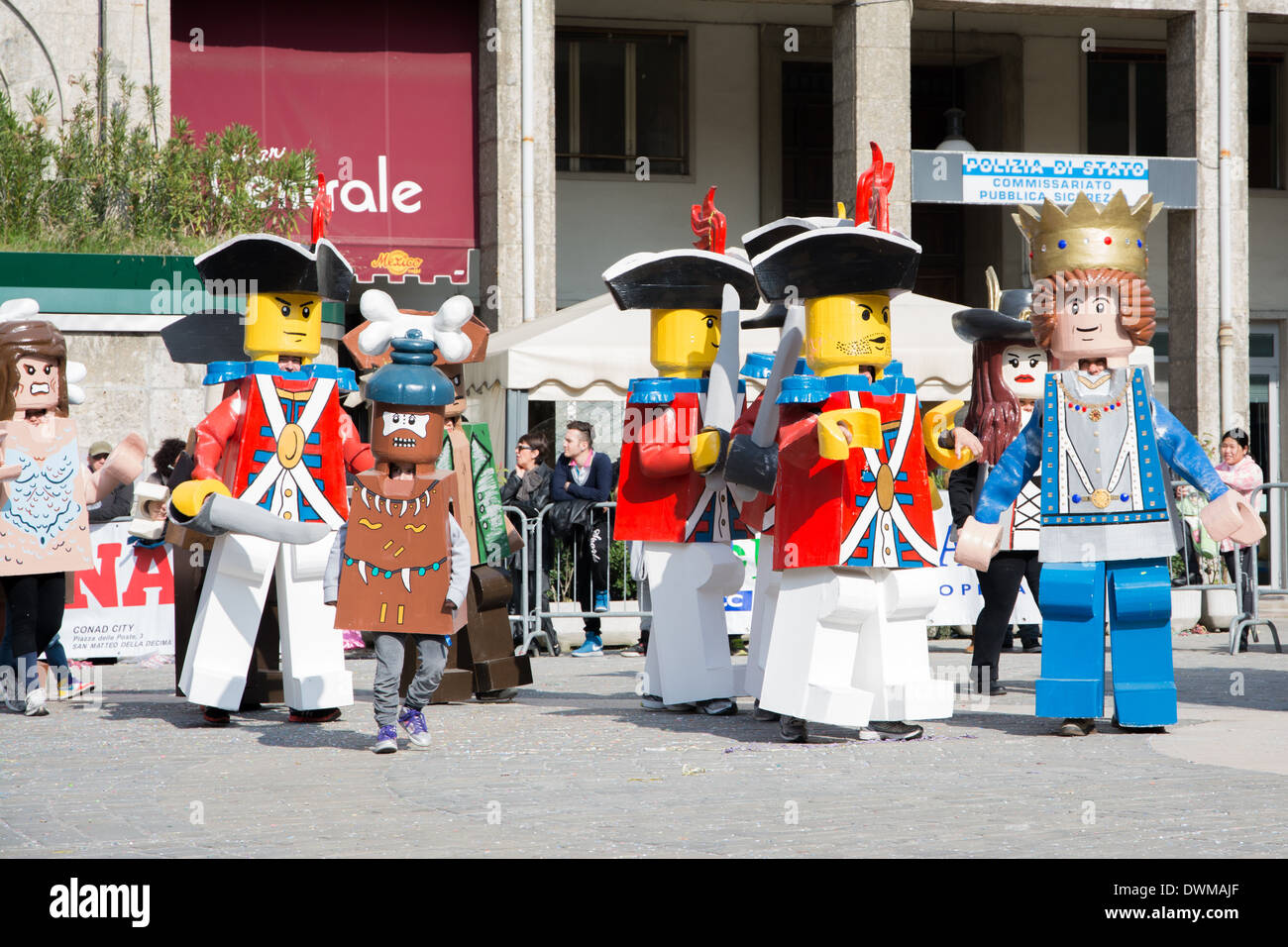 san Giovanni in persiceto,Bologna,Italy-march 9,2014:people dressed as characters from Lego celebrate the Carnival in a sunny da Stock Photo