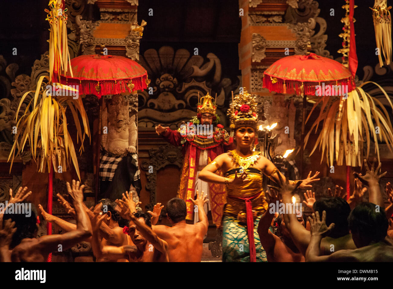 Balinese dancers perform the kecak dance and drama  based on the Ramayama for tourists Stock Photo