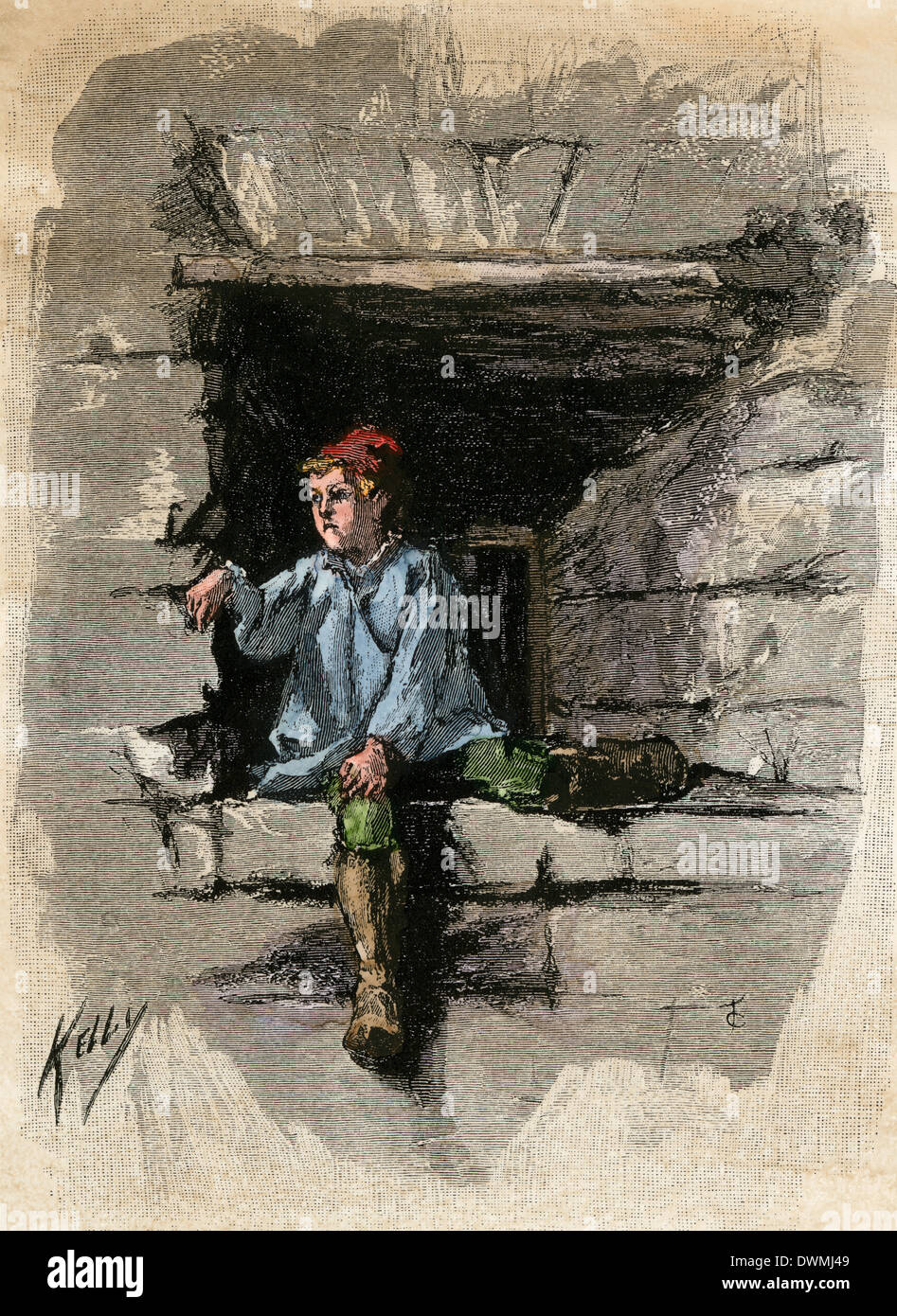 Immigrant boy seeing New York City from a Castle Garden parapet, 1870s. Hand-colored woodcut Stock Photo