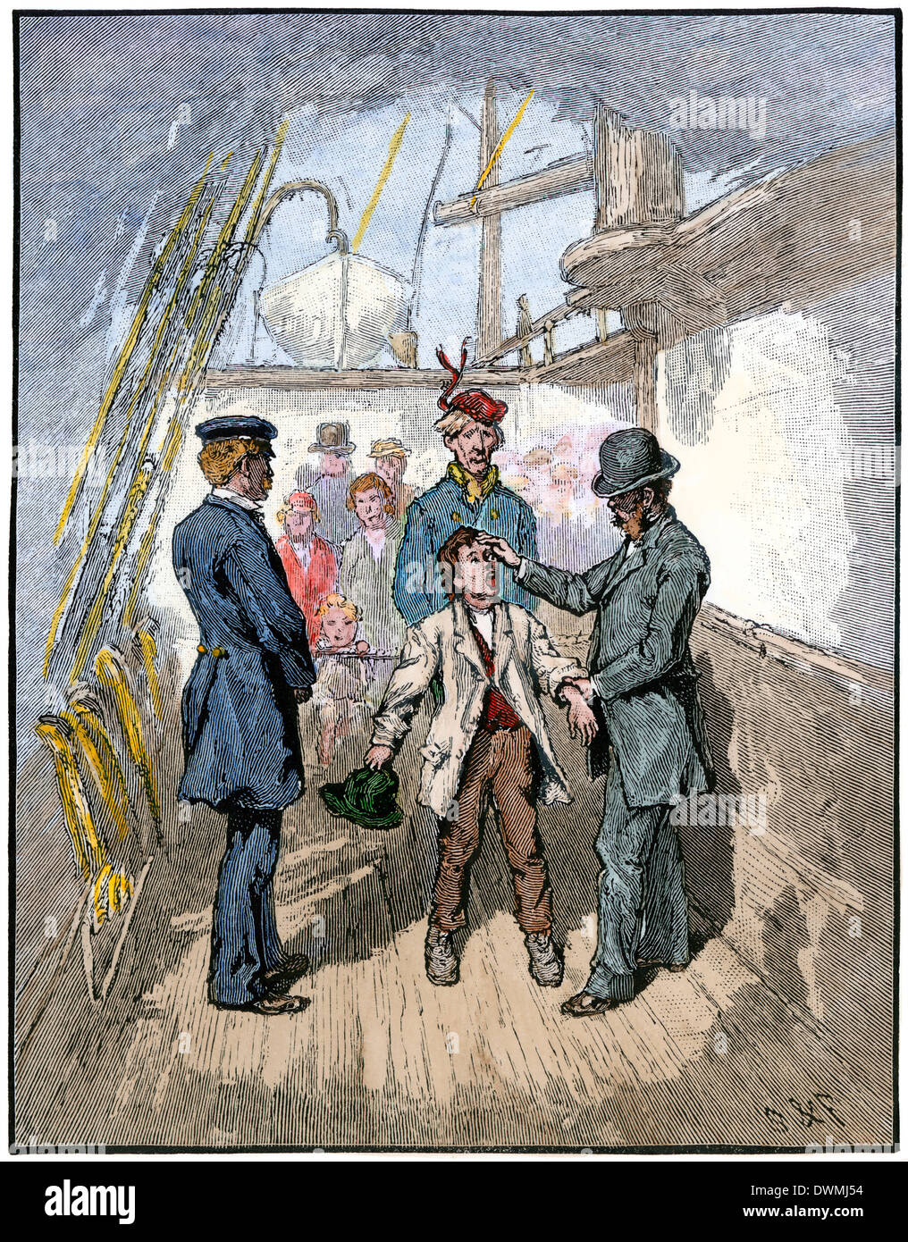 Castle Island health inspectors examining an immigrant boy, 1870s. Hand-colored woodcut Stock Photo