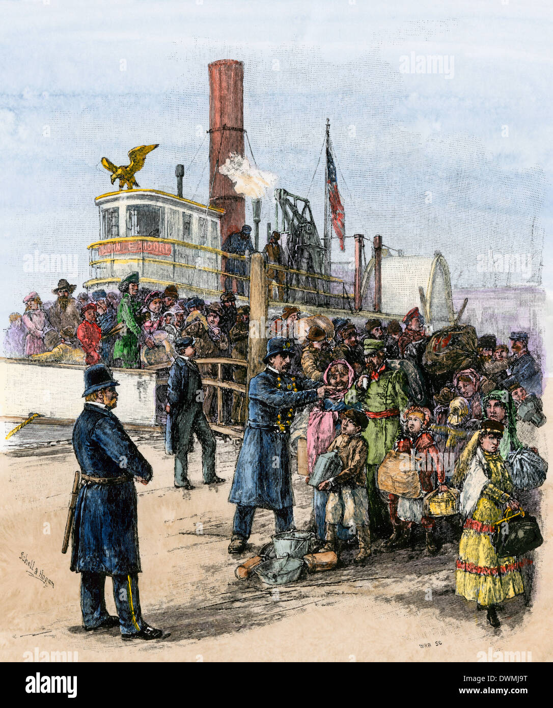 Immigrants landing at Castle Garden in New York harbor, 1880s. Hand-colored woodcut Stock Photo