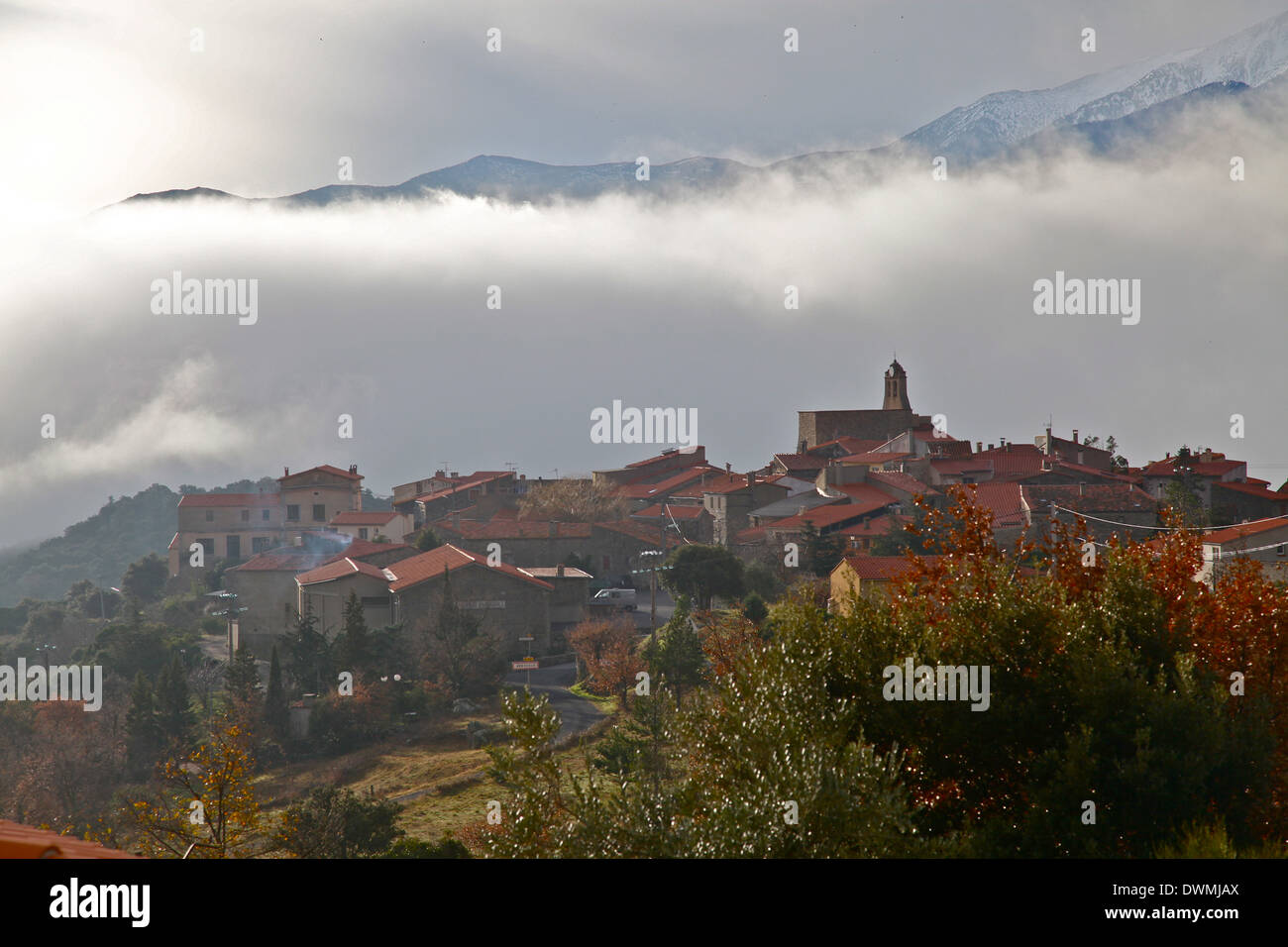 Morning mist in Arboussols, a village in the Pyrenees, Pyrenees-Orientales, Languedoc-Roussillon, France, Europe Stock Photo