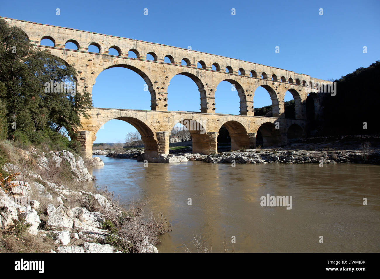 Roman aqueduct of Pont du Gard, UNESCO World Heritage Site, over the Gardon River, Gard, Languedoc-Roussillon, France, Europe Stock Photo