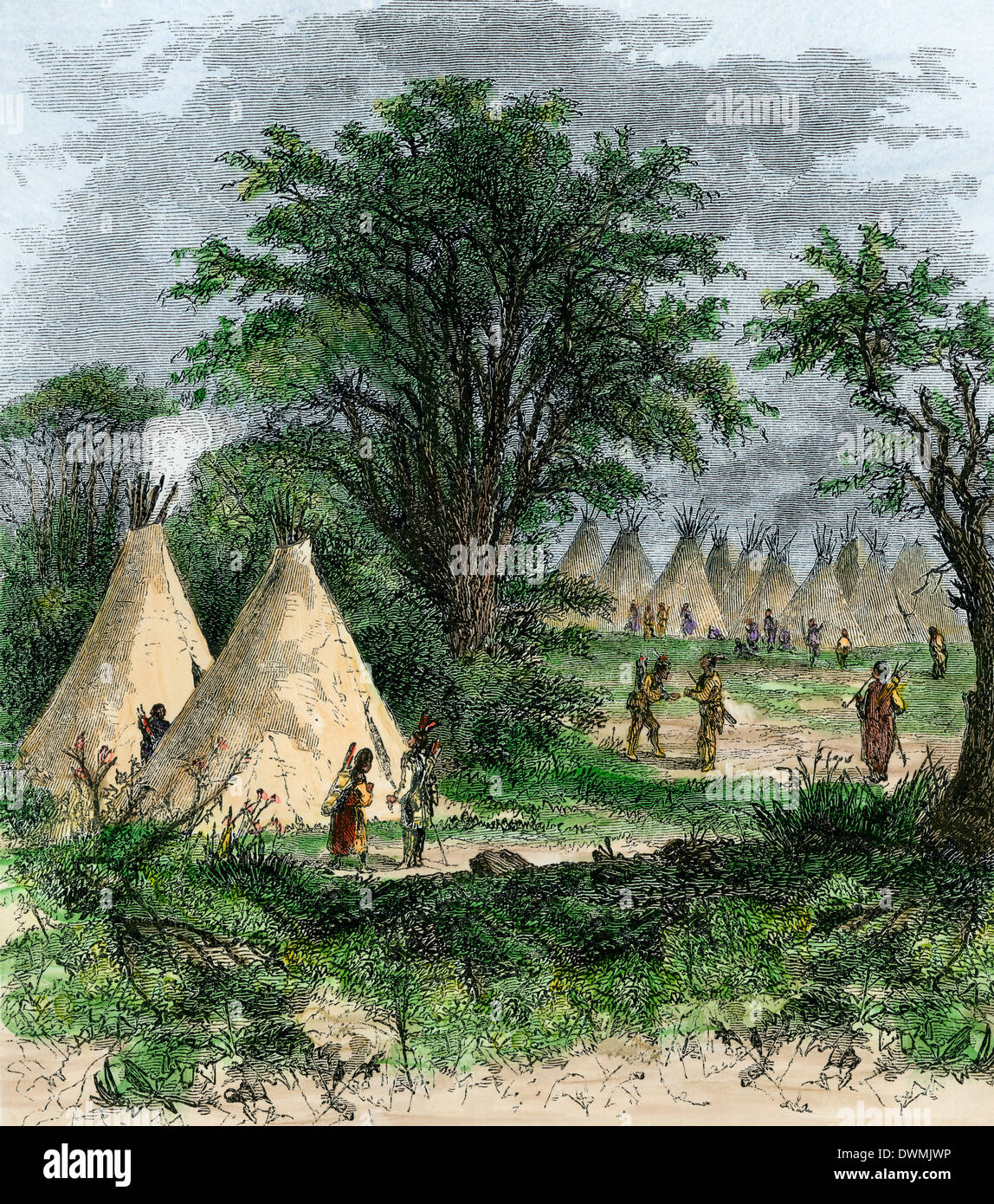 Native American tipi village, 1800s. Hand-colored woodcut Stock Photo