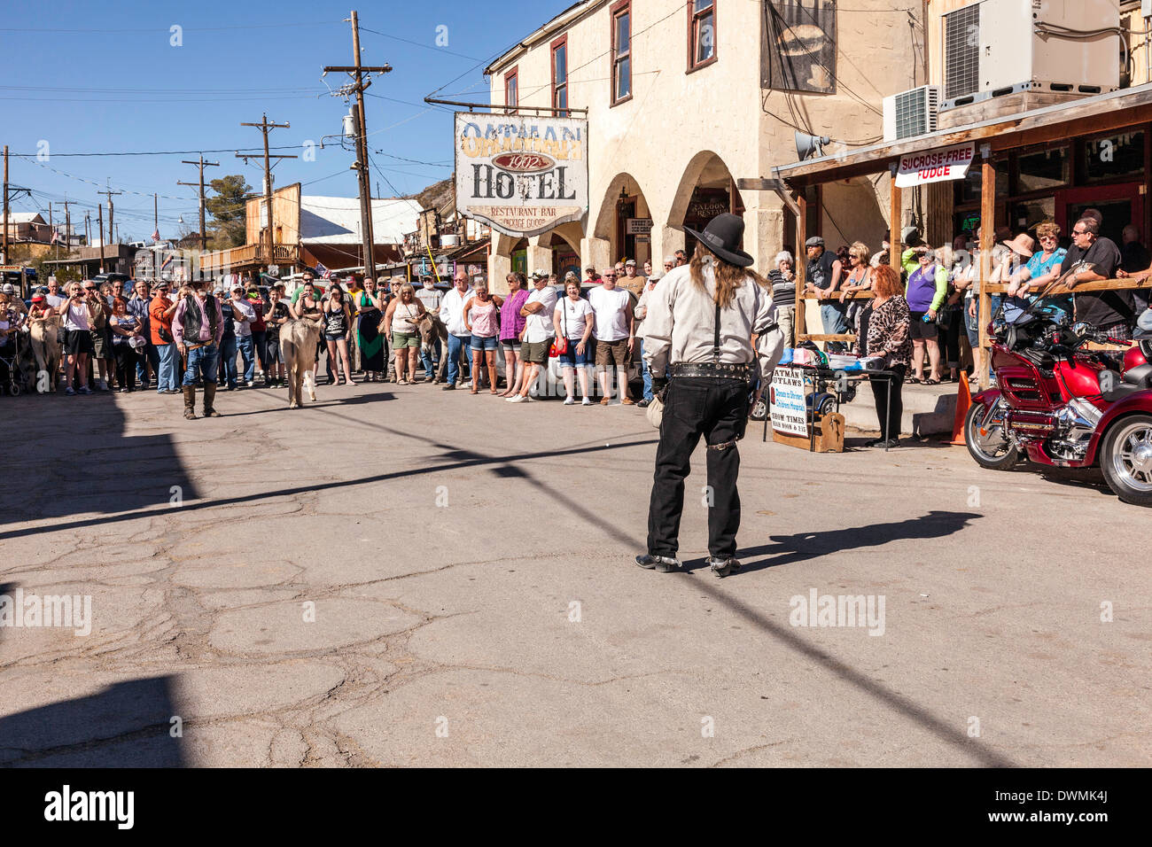 Oatman;Arizona;USA;America;Old Cowboy and Mining Town on Route 66 gun fight on main street at high noon Stock Photo