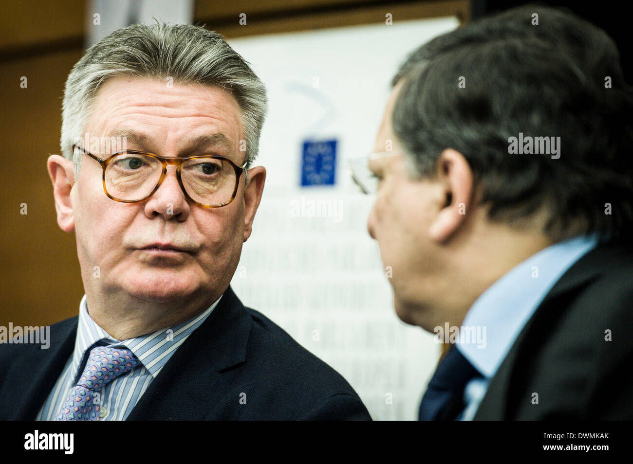 Strasbourg, Bxl, France. 11th Mar, 2014. Jose Manuel Barroso, the president of the European Commission (R ) listens as Karel DE GUCHT, European Commissioner for Trade gives the statement to the press on Unilateral trade measures in favour of Ukraine at European Parliament headquarters in Strasbourg, France on 11.03.2014 Credit:  Wiktor Dabkowski/ZUMAPRESS.com/Alamy Live News Stock Photo