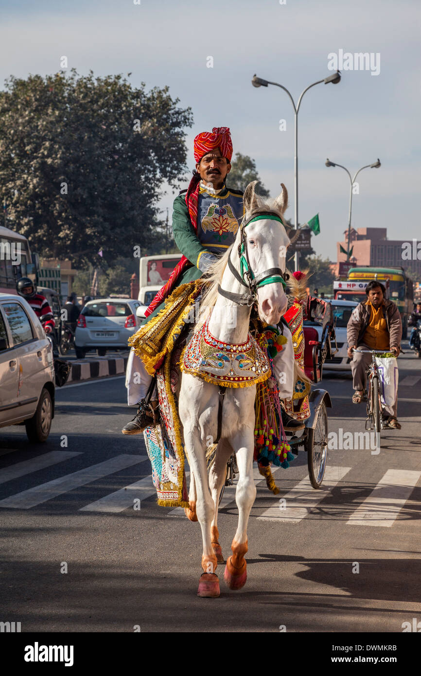 Jaipur, Rajasthan, India. Horseman en Route to a Groom's House for a Wedding. Stock Photo