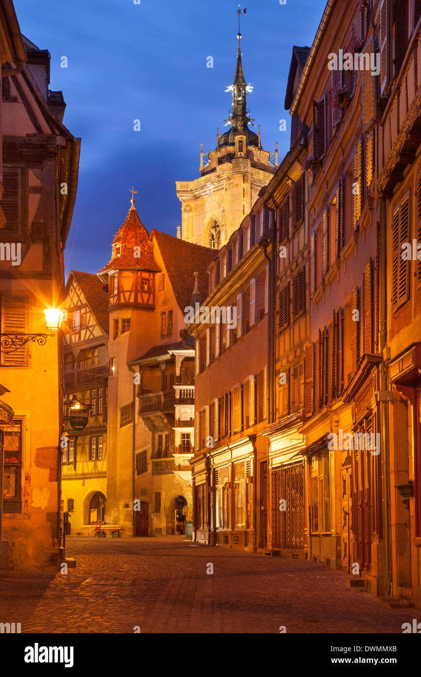 Twilight street scene in Colmar, Alsace, France Stock Photo