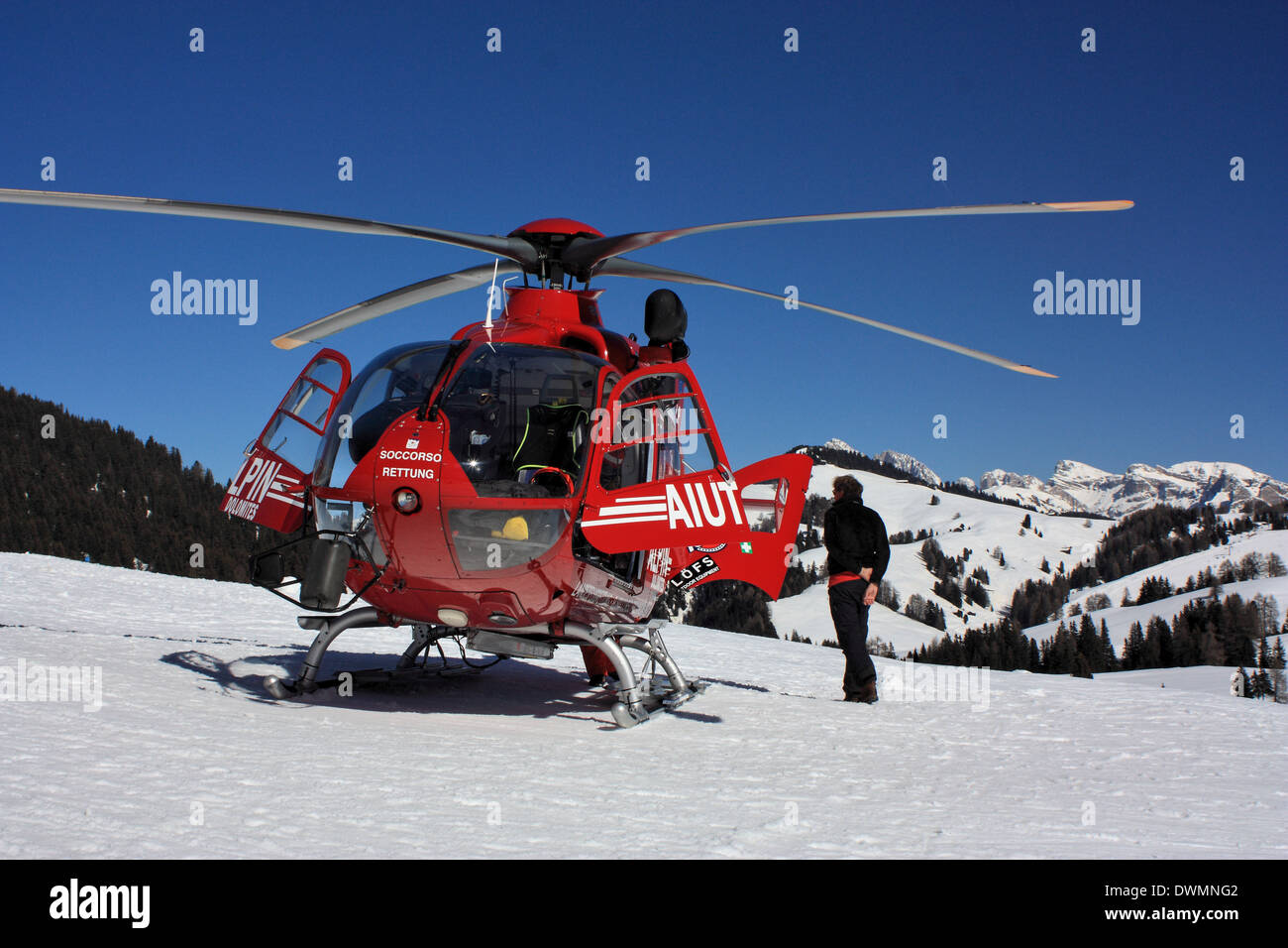 'Aiut Alpin Dolomites' heli mountain rescue, EUROCOPTER EC 135 T2, Seiser Alm / Alpe di Siusi, South Tyrol, Italy Stock Photo