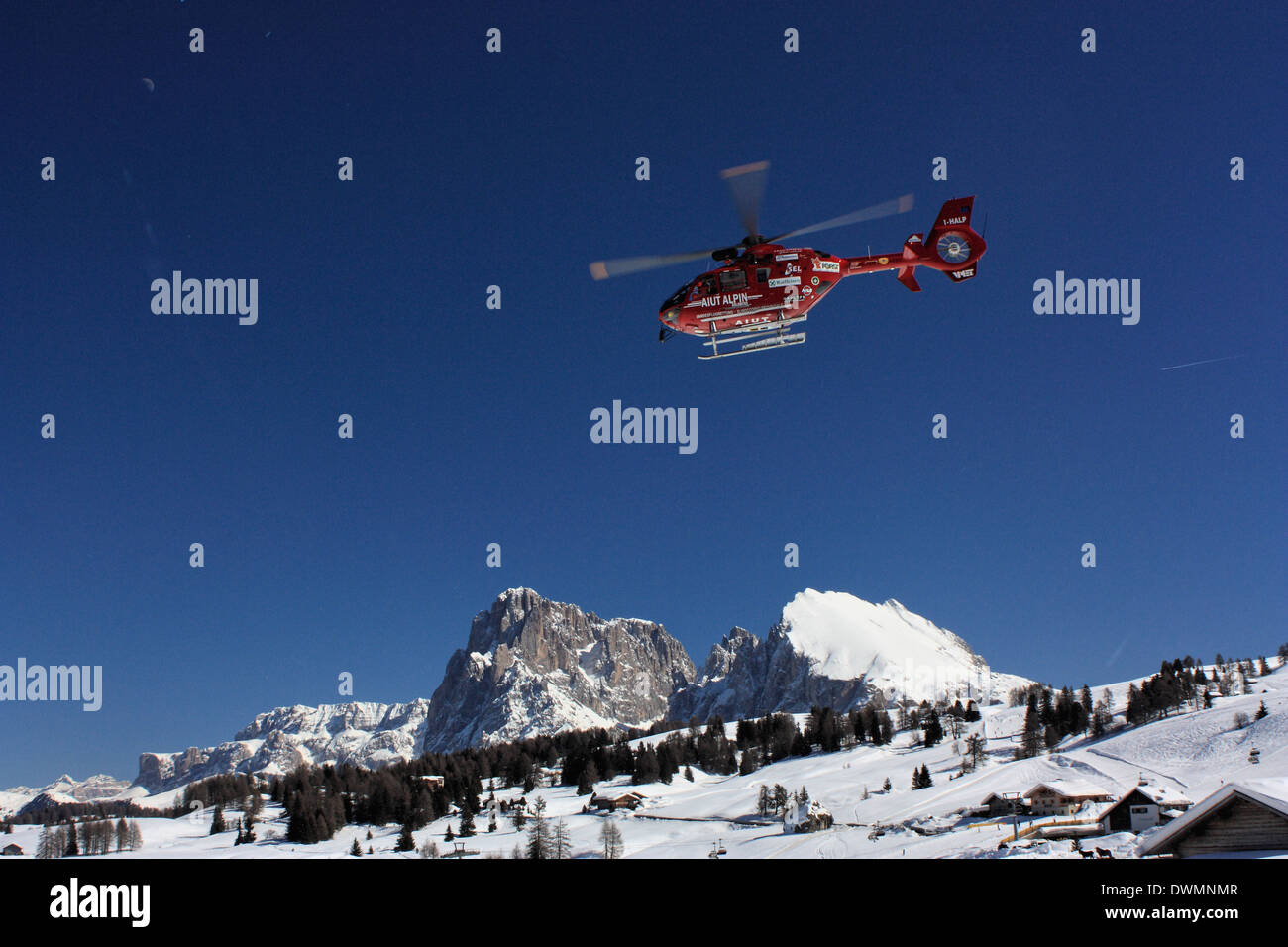 'Aiut Alpin Dolomites' heli mountain rescue, EUROCOPTER EC 135 T2, Seiser Alm / Alpe di Siusi, South Tyrol, Italy Stock Photo