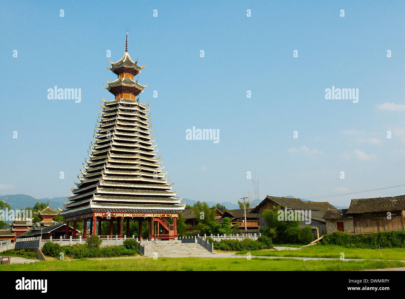 Drum Tower at Rongjiang, Guizhou Province, China, Asia Stock Photo