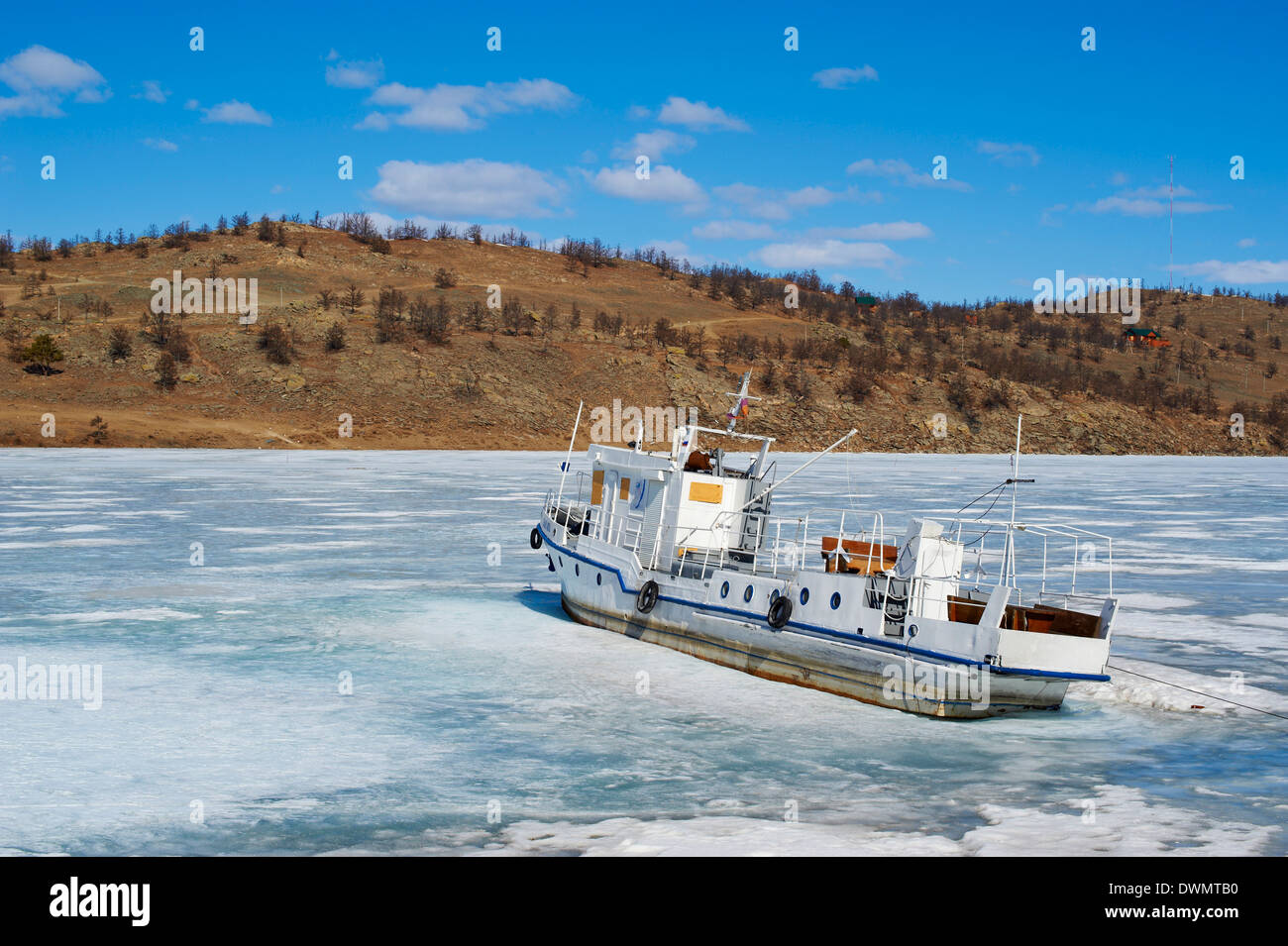 Frozen Harbour of Khoujir, Maloe More (Little Sea), Olkhon island, Lake Baikal, UNESCO Site, Irkutsk Oblast, Siberia, Russia Stock Photo