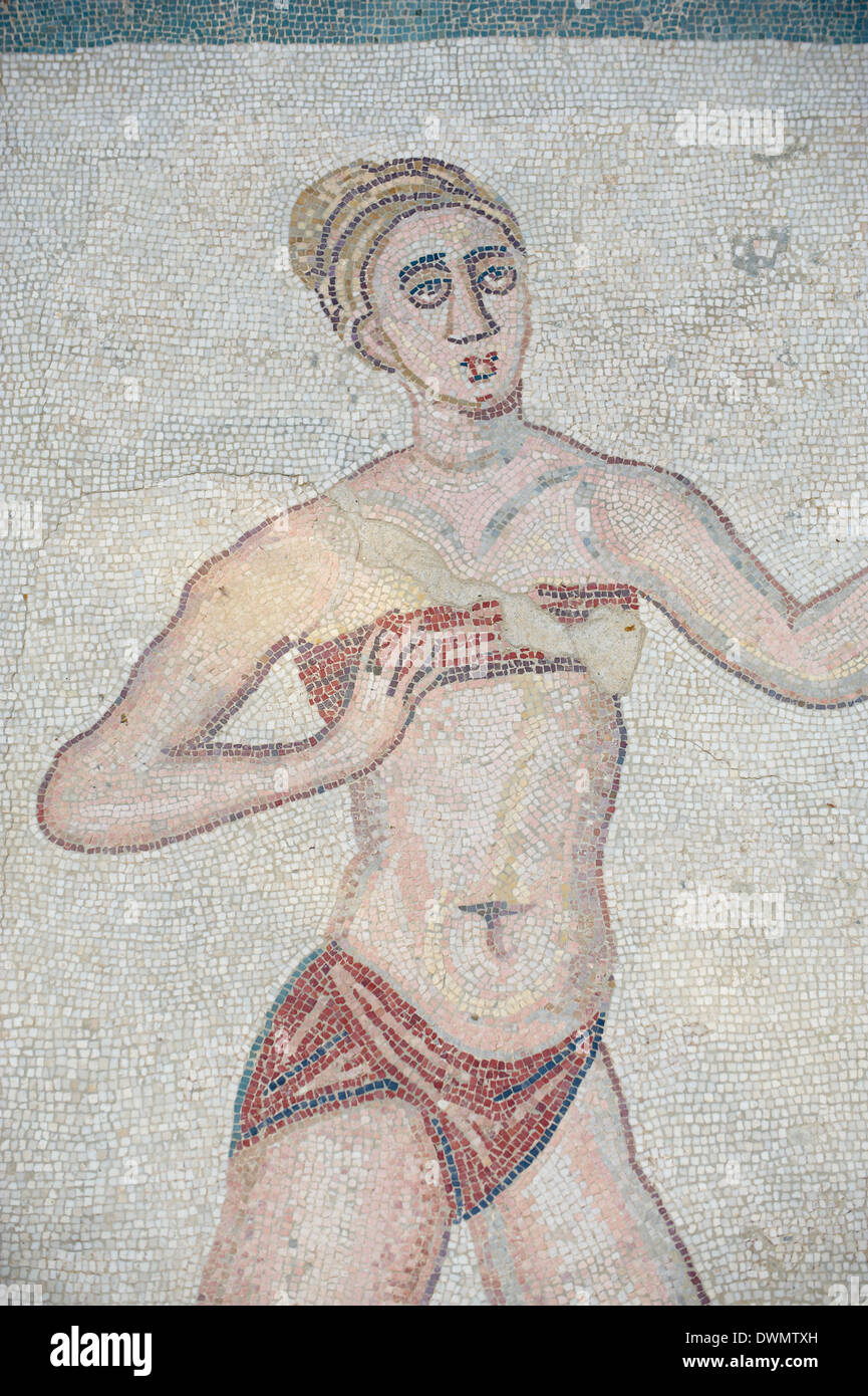 Mosaic of girls in bikinis, Villa Romana del Casale, Piazza Armerina, UNESCO World Heritage Site, Sicily, Italy, Europe Stock Photo