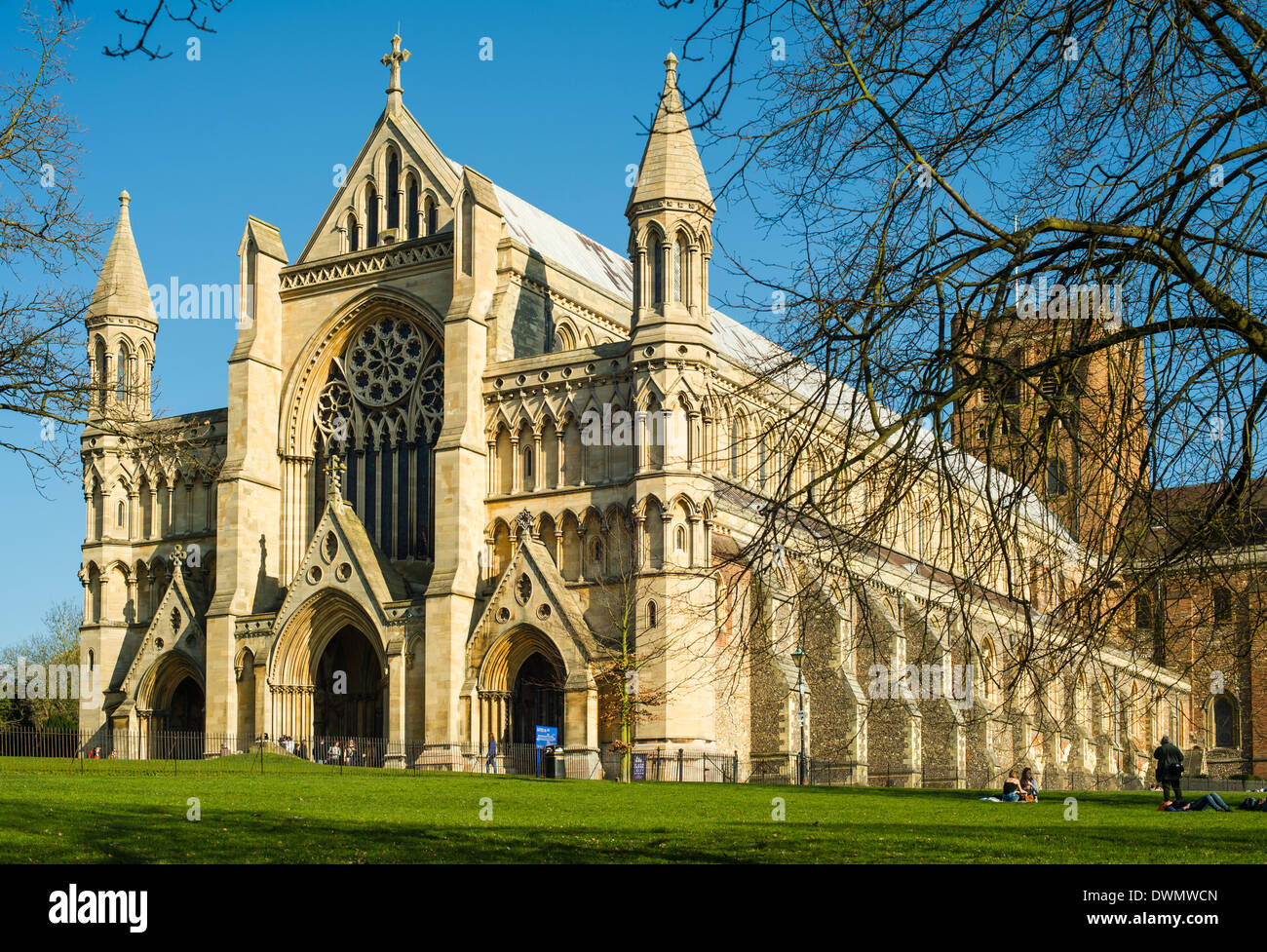 Cathedral of St Albans, Hertfordshire, England, UK, seen from Abbey Mill Lane. Stock Photo