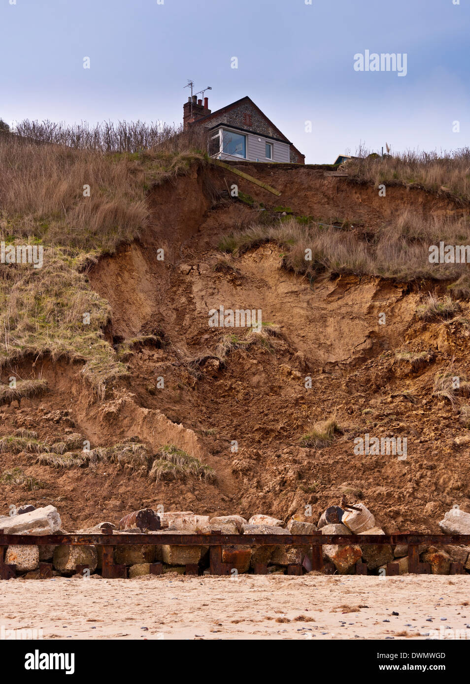 Houses near cliff edge coastal erosion landslip Mundesley Norfolk